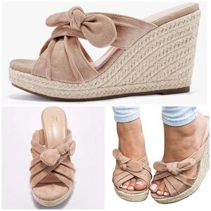Fashare Women’s Espadrille Wedge Sandals Bow Knot Nude Size 8